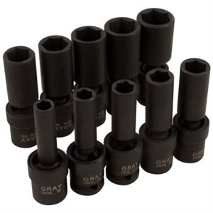 GRAY TOOLS 35910 - 10 PIECE 1 / 2" DRIVE 6 POINT SAE, DEEP IMPACT UNIVERSAL JOINT SOCKET SET, 3 / 8" - 15 / 16"