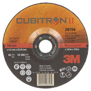 3M 7100019067 – CUBITRON™ II CUT AND GRIND WHEEL, 28758, T27, BLACK, 6 IN X 1 / 8 IN X 7 / 8 IN (15.24 CM X 3.18 MM)