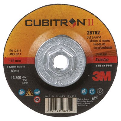 3M 7100245018 – CUBITRON™ II CUT AND GRIND WHEEL 28762, QUICK CHANGE, TYPE 27, 4-1 / 2 IN X 1 / 8 IN X 5 / 8"-11, 10 / INNER, 20 / CASE